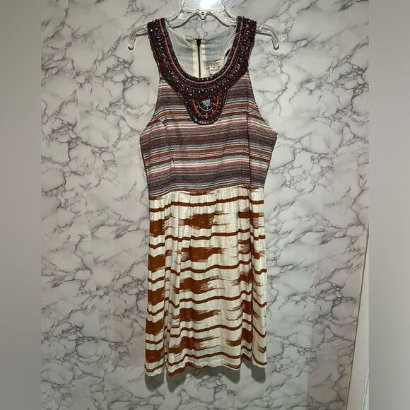 LUCKY BRAND DRESS GRECIAN BEADED COLLAR IKAT KNIT SKIRT STRIPED BODICE T BACK M - Picture 1 of 9